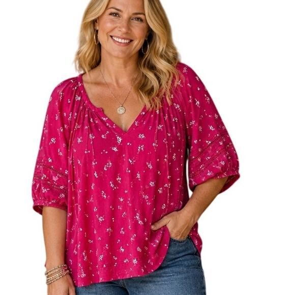 Lane Bryant Tops - Lane Bryant Puff Sleeve Top Womens Size 26/28 Pink Floral Boho Blouse